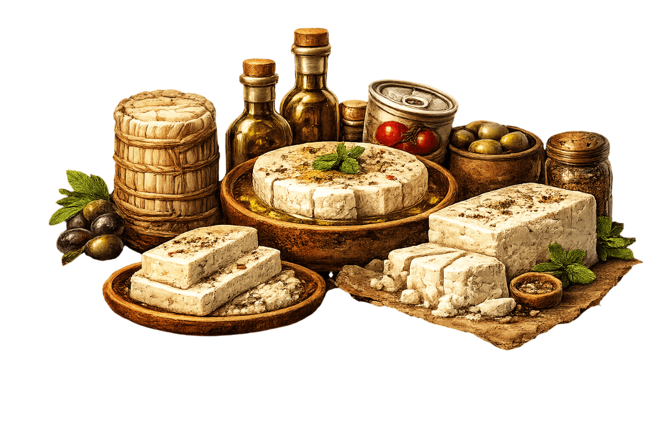 Arabic cheeses with olive oil, olives, and traditional dairy products