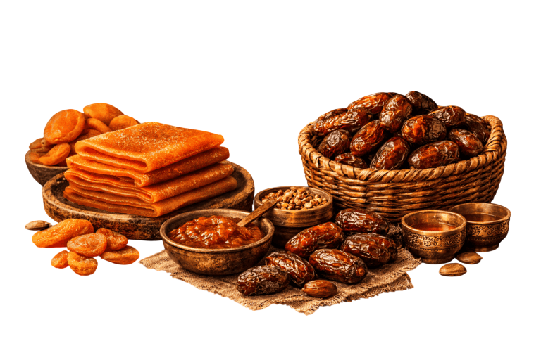 Arabic dates and Qamar al-Din apricot leather in a traditional Middle Eastern market